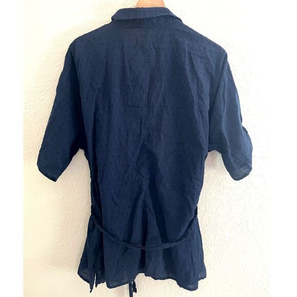 Lane Bryant Navy Blue Swiss Dot Tied Waist Blouse 26 - Picture 2 of 6